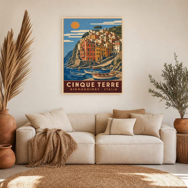 Cinque Terre Travel Poster | Riomaggiore Vintage Wall Art Print | Italian Coast Print | Italian Riviera Decor | Colorful Village Art image 7