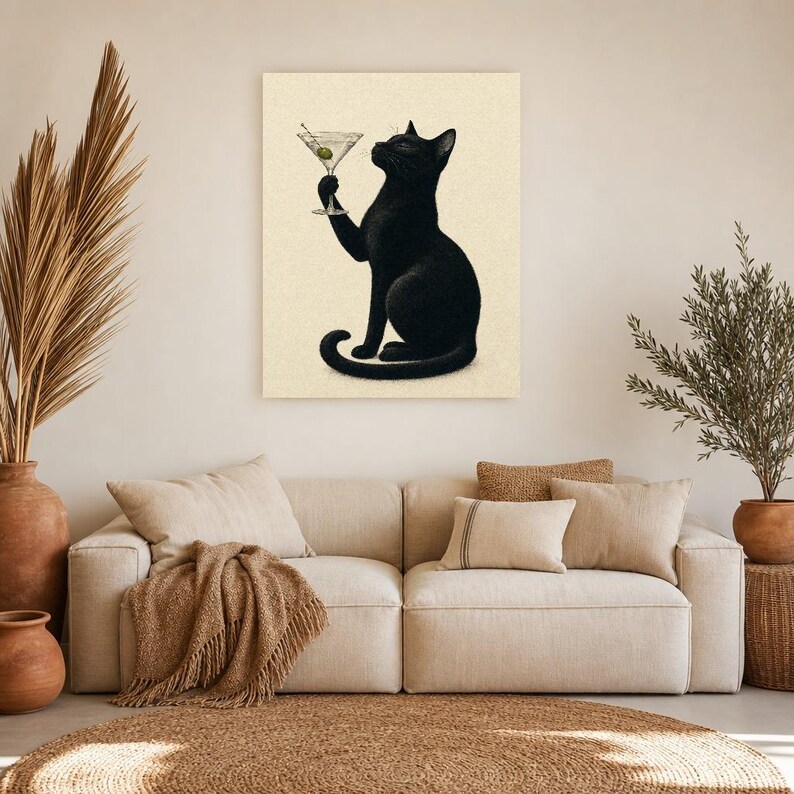 Black Cat Martini Wall Art Print | Olive Cocktail Poster | Bar Cart Print | Funny Black Cat Club Bar Decor image 7