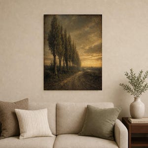 Moody Country Lane Pappelbäume Wandkunstdruck | Vintage Ölgemälde Druck | Golden Horizon Tonalistisches Dekor | Antikes Wegposter Bild 10