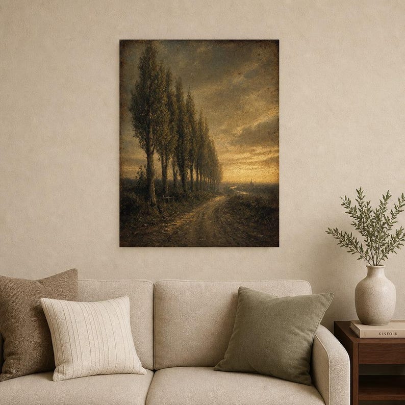 Moody Country Lane Pappelbäume Wandkunstdruck | Vintage Ölgemälde Druck | Golden Horizon Tonalistisches Dekor | Antikes Wegposter Bild 10