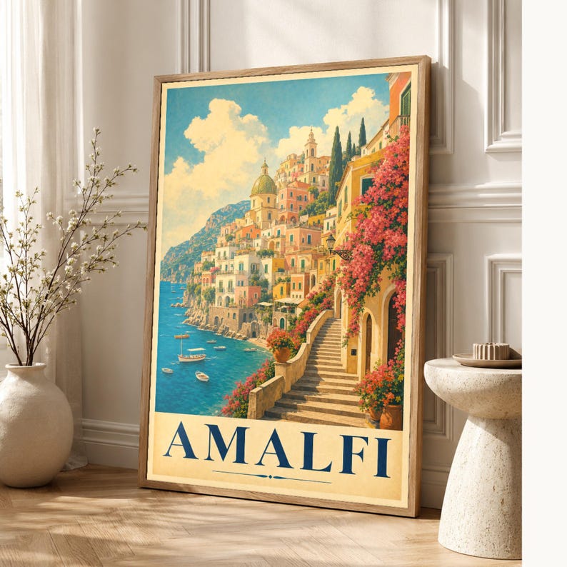 Amalfi Coast Wall Art Print | Italian Village Travel Poster | Positano Pastel Houses Print | Vintage Dolce Vita Decor | Mediterranean Art image 1