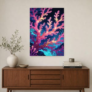 Bioluminescent Coral Reef Poster | Deep Sea Ocean Bathroom Wall Art Print | Dark Coastal Night Print image 3