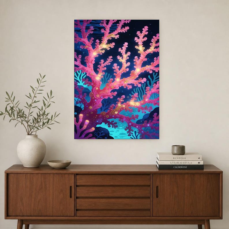 Bioluminescent Coral Reef Poster | Deep Sea Ocean Bathroom Wall Art Print | Dark Coastal Night Print image 3