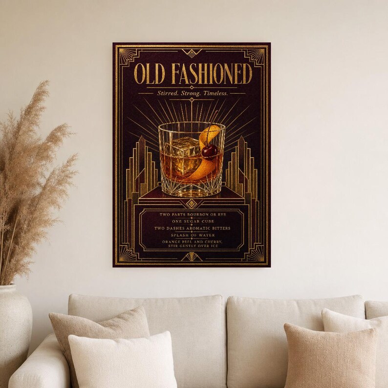 Gold Art Deco Old Fashioned Recipe Wall Art Print | Amber Cocktail Recipe Poster | Bar Cart Decor Print | Kitchen Wall Art image 4