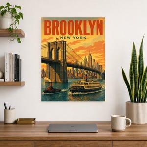 Pôster de viagem do Brooklyn | Impressão vintage da Ponte do Brooklyn dos anos 1950 | Impressão de arte de parede de Nova York | Decoração urbana de meados do século imagem 7