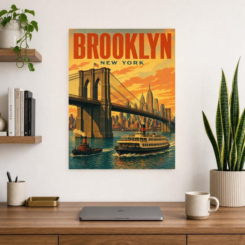 Pôster de viagem do Brooklyn | Impressão vintage da Ponte do Brooklyn dos anos 1950 | Impressão de arte de parede de Nova York | Decoração urbana de meados do século imagem 7