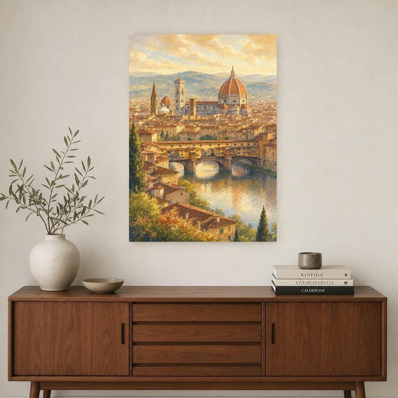 Florence Travel Poster | Soft Painting Italy Wall Art | Duomo and Arno Tuscany Print | Printed & Shipped image 2