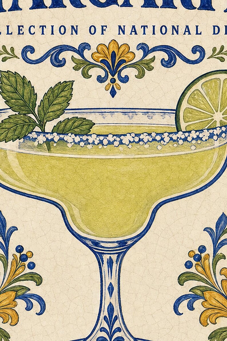 Margarita Cocktail Tile Wall Art Print | Mexico National Drink Poster | Azulejo Bar Cart Print | Maiolica Kitchen Decor image 3