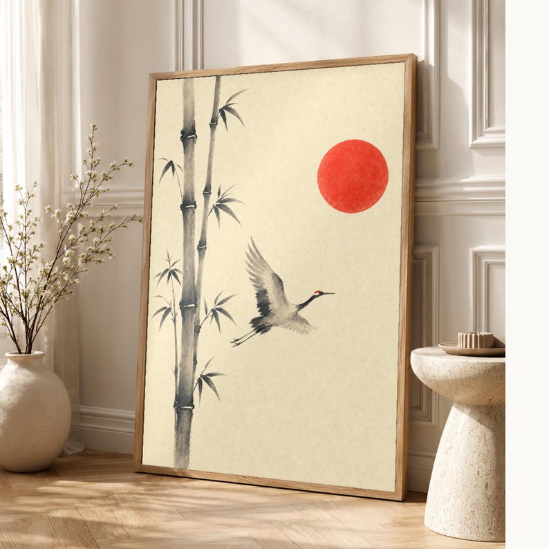 Red Sun Japandi Wall Art Print | Ink Crane and Bamboo | Sumi-e Wabi Sabi Living Room Print image 1