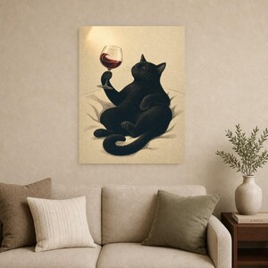 Schwarze Katze Wein Wandkunst | Rotweinglas Poster | Barwagen-Druck | Skurriles Noir Cat Club Küchendekor Bild 9