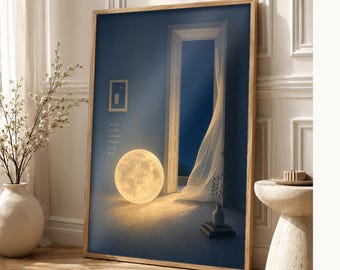 Surreal Moon Wall Art Print | Dreamscape Bedroom Poster | Full Moon in a Room Soft Surrealism | Celestial Dreamy Wall Decor