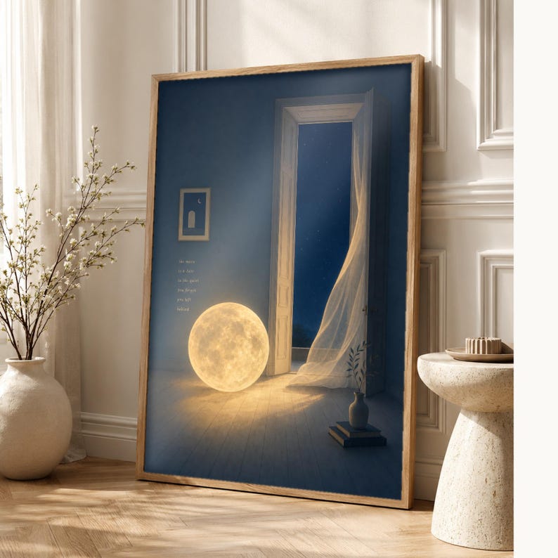 Impresión de arte de pared de luna surrealista ? Póster de dormitorio con paisaje de ensueño | Luna llena en una habitación Surrealismo suav imagen 1