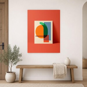 Abstracte muurdecoratie met kaki en wasabi | Opvallende poster met kleurblokken | Moderne geometrische print in mid-century stijl afbeelding 9
