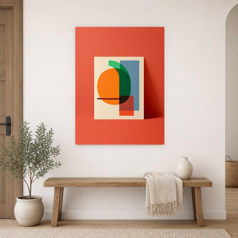 Abstracte muurdecoratie met kaki en wasabi | Opvallende poster met kleurblokken | Moderne geometrische print in mid-century stijl afbeelding 9