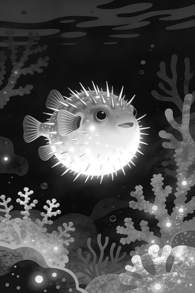 Bioluminescent Pufferfish Poster | Deep Sea Ocean Bathroom Wall Art Print | Dark Coastal Night Print image 17