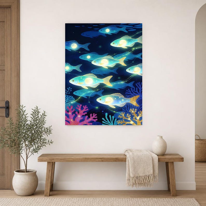 Bioluminescent Fish Shoal Poster | Deep Sea Ocean Bathroom Wall Art Print | Dark Coastal Night Print image 14