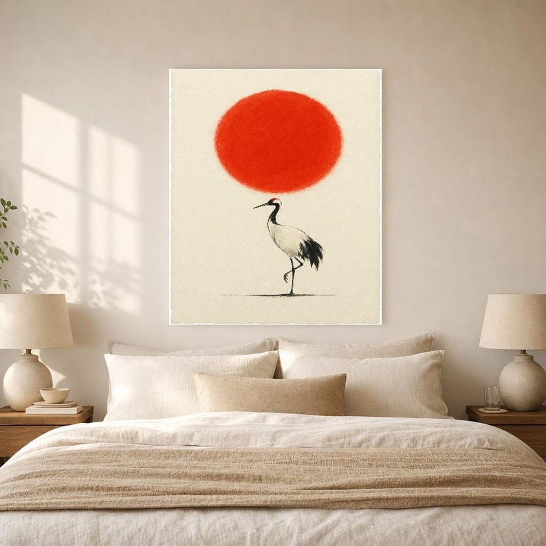 Minimale Rote Sonne Japandi Wandkunst | Einzelkran-Tintendruck | Zen-Wandkunst-Poster Bild 6