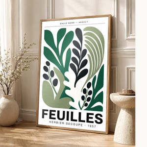 Botanical Cut Paper Exhibition Poster | Forest Green Leaf Wall Art Print | Mid Century Gallery Print | Abstract Matisse Style Poster Decor image 1