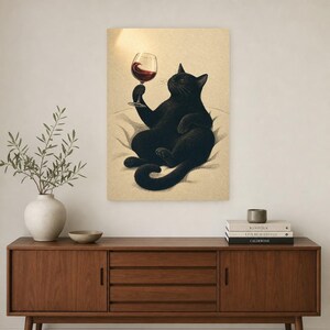 Schwarze Katze Wein Wandkunst | Rotweinglas Poster | Barwagen-Druck | Skurriles Noir Cat Club Küchendekor Bild 2