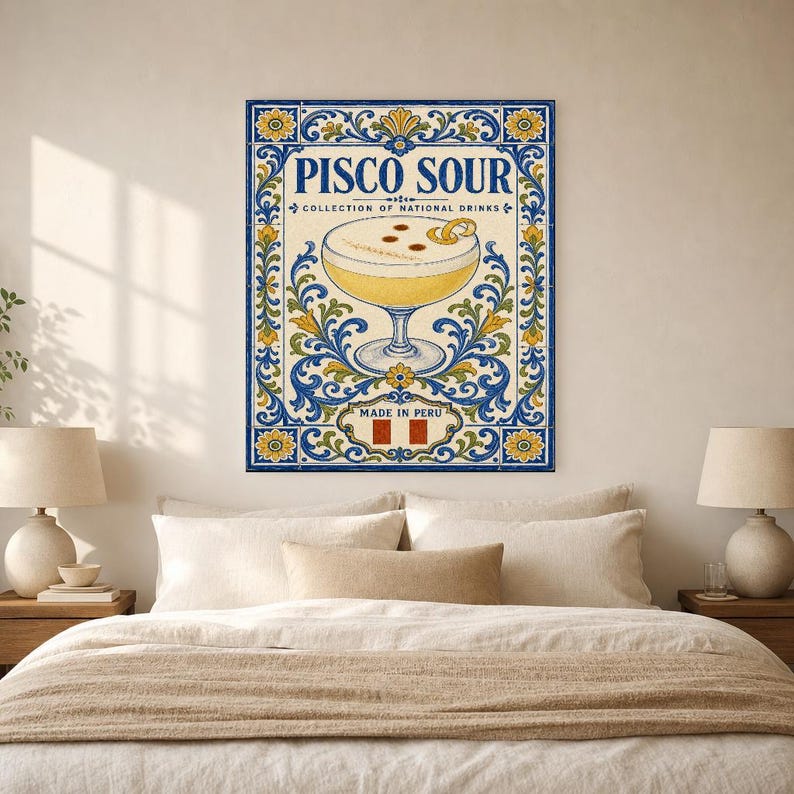 Pisco Sour Cocktail Tile Wall Art Print | Peru National Drink Poster | Azulejo Bar Cart Print | Maiolica Kitchen Decor image 6