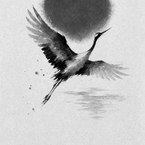 Red Sun Japandi Wall Art Print | Sumi-e Ink Crane Print | Wabi Sabi Living Room Poster image 10