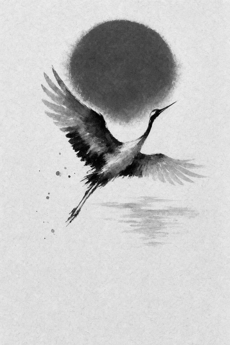 Red Sun Japandi Wall Art Print | Sumi-e Ink Crane Print | Wabi Sabi Living Room Poster image 10