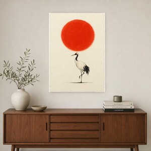 Minimale Rote Sonne Japandi Wandkunst | Einzelkran-Tintendruck | Zen-Wandkunst-Poster Bild 2