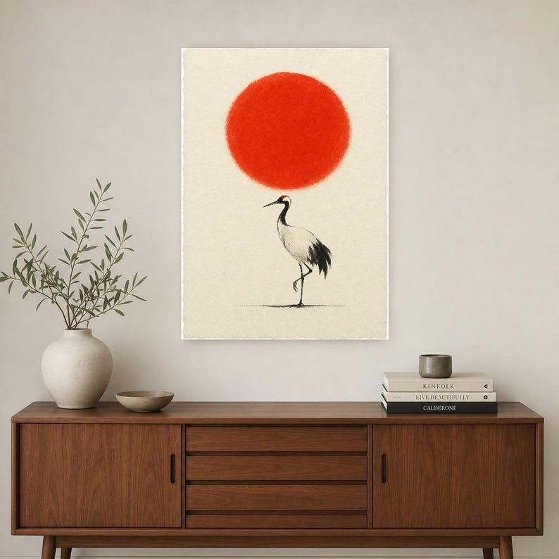 Minimale Rote Sonne Japandi Wandkunst | Einzelkran-Tintendruck | Zen-Wandkunst-Poster Bild 2