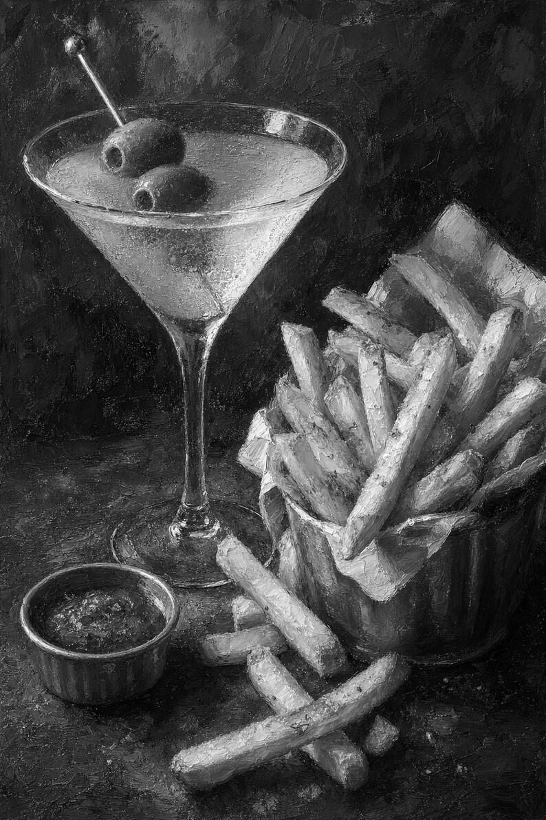 Vuile Martini frietjes kunst aan de muur | Late Night voedsel stilleven poster | Barwagen decor print | Cocktail kunst aan de muur afbeelding 10