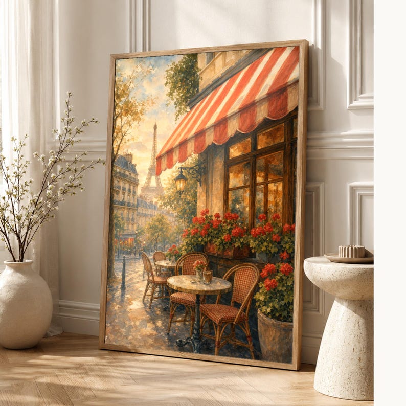 Paris Cafe Travel Poster | Soft Painting France Wall Art | Parisian Cafe Terrace Print | Printed & Shipped image 1