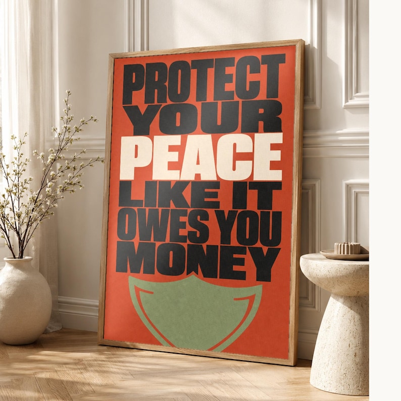 Skydda din fred-poster | Djärv typografisk väggkonsttryck | Självvårdscitattryck | Boho bekräftelsedekor | Gåva för mental hälsa bild 1