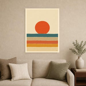 Vermillion Sun Aegean Sea Wall Art Print | Mid-Century Sun Poster | Cut-Paper Minimalist Print | Teal Cream Boho Decor image 9