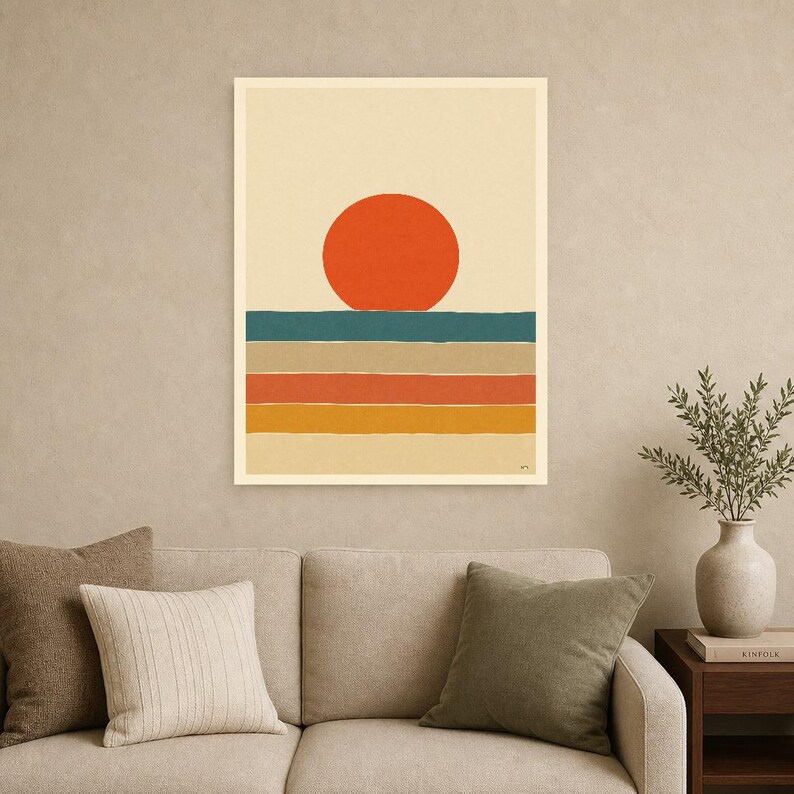 Vermillion Sun Aegean Sea Wall Art Print | Mid-Century Sun Poster | Cut-Paper Minimalist Print | Teal Cream Boho Decor image 9