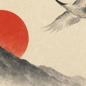 Red Sun Mountain Japandi Wall Art Print | Sumi-e Crane Print | Wabi Sabi Zen Office Poster image 3