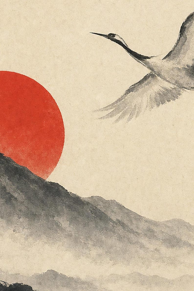 Red Sun Mountain Japandi Wall Art Print | Sumi-e Crane Print | Wabi Sabi Zen Office Poster image 3