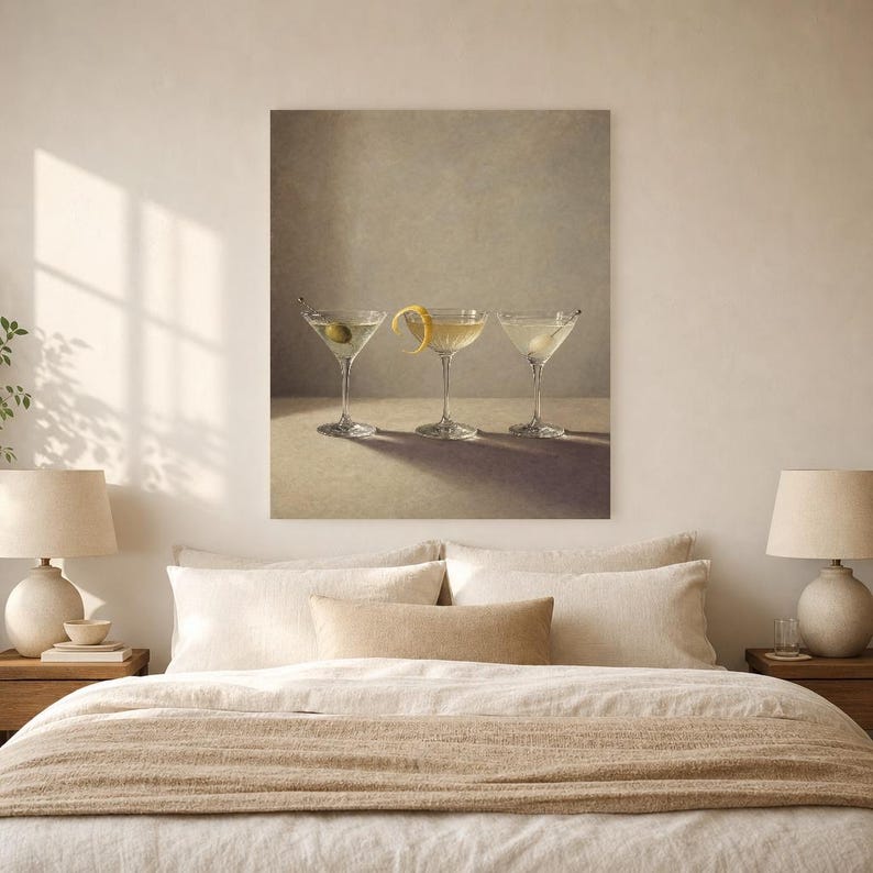 Arte de parede de produtos vidreiros Moody Martini | Do cocktail vida mínima ainda pôster | Impressão de decoração de carrinho de bar | Arte imagem 6