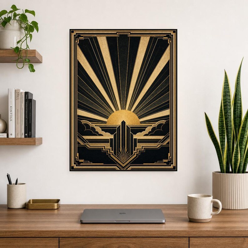 Impresión artística de pared Art Déco Sunburst | Póster geométrico negro dorado | Decoración de pared estilo Neo Deco Gatsby | Elegante esta imagen 8