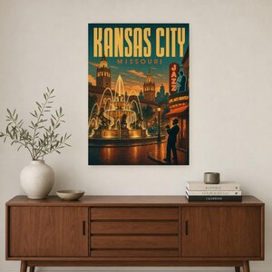 Póster turístico de Kansas City | Lámina vintage de las fuentes de jazz de los años 50 | Lámina decorativa de Missouri | Decoración urbana de mediados de siglo imagen 2