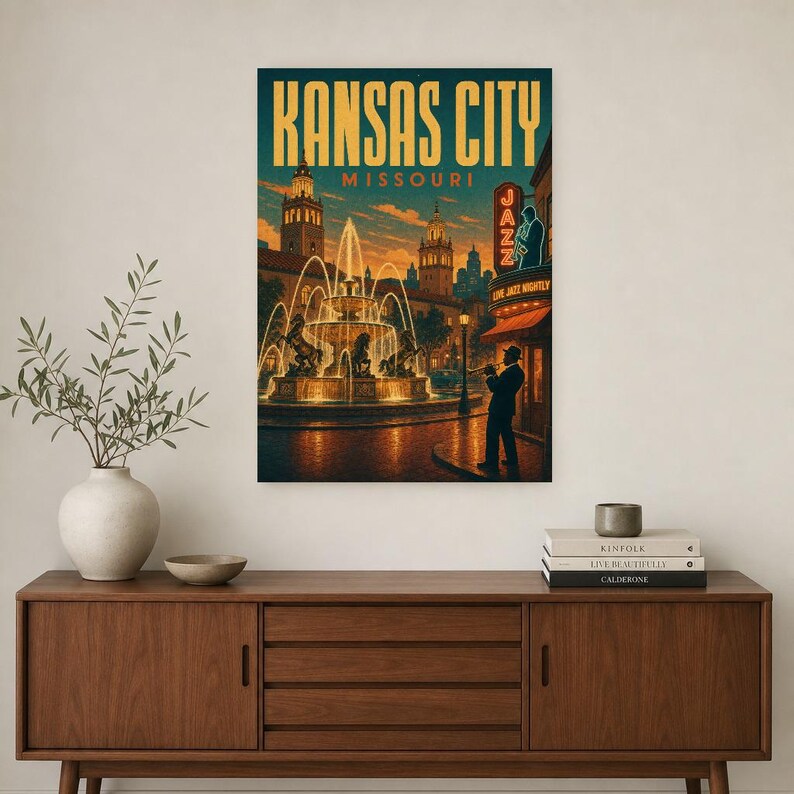 Póster turístico de Kansas City | Lámina vintage de las fuentes de jazz de los años 50 | Lámina decorativa de Missouri | Decoración urbana de mediados de siglo imagen 2