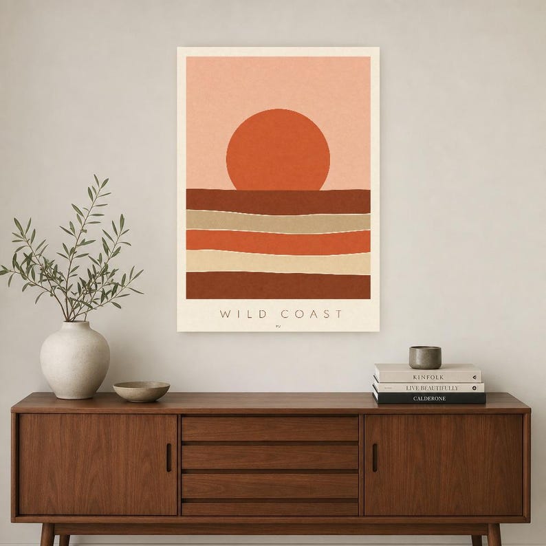 Rust Sun Coastal Cliffs Wall Art Print | Minimalist Named Sun Poster | Cut-Paper Mid-Century Print | Blush Boho Decor image 2