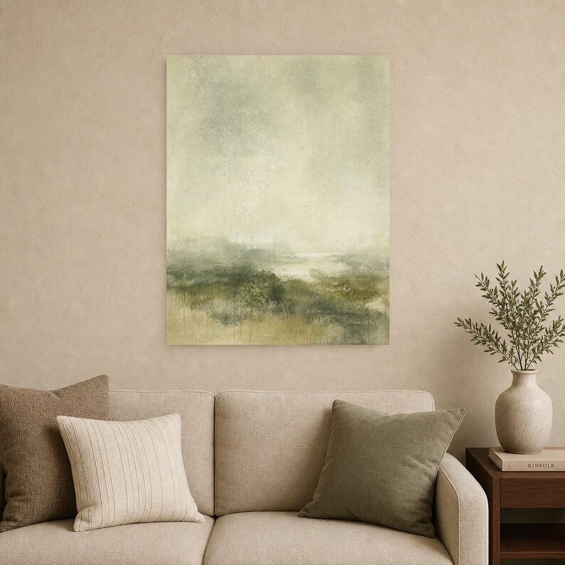 Moody Green Abstract Wall Art Print | Panoramic Color Field Print | Sage Watercolor Landscape Poster | Wabi-Sabi Living Room Decor image 9