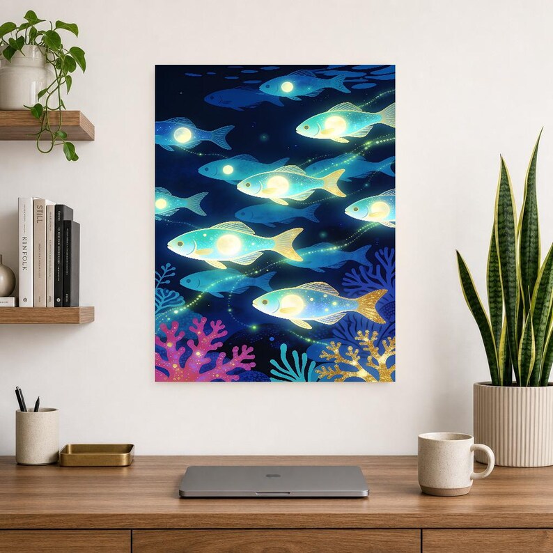 Bioluminescent Fish Shoal Poster | Deep Sea Ocean Bathroom Wall Art Print | Dark Coastal Night Print image 10