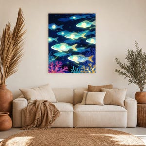 Bioluminescent Fish Shoal Poster | Deep Sea Ocean Bathroom Wall Art Print | Dark Coastal Night Print image 8