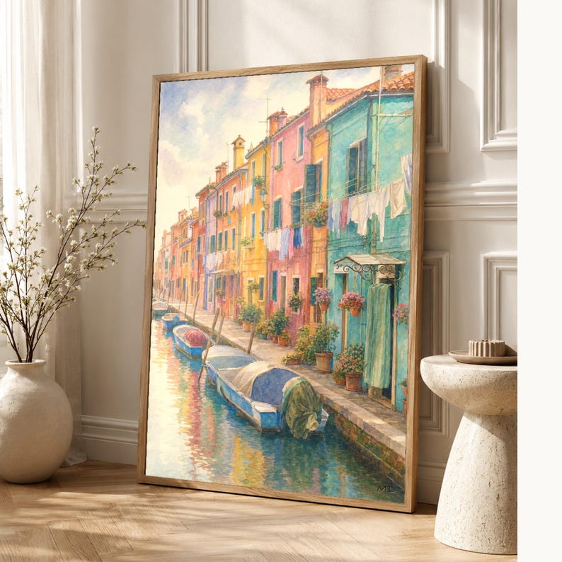 Burano Travel Poster | Soft Painting Italy Wall Art | Colorful Venice Canal Houses Print | Printed & Shipped image 1