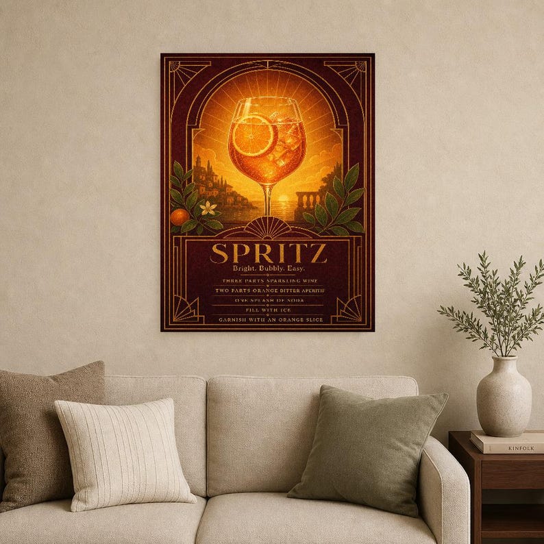 Pomarańczowy Art Deco Aperol Spritz Przepis na ścianę | Plakat z przepisem na złoty koktajl | Druk dekoracyjny wózka barowego | Aperitivo Ar zdjęcie 9