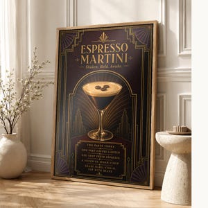 Dark Art Deco Espresso Martini Recipe Wall Art Print | Gold Cocktail Recipe Poster | Bar Cart Decor Print | Kitchen Wall Art image 1