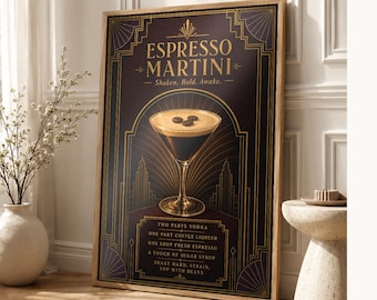 Arte de pared con receta de Martini espresso Art Déco oscuro | Póster de receta de cóctel dorado | Impresión de decoración de carrito de bar