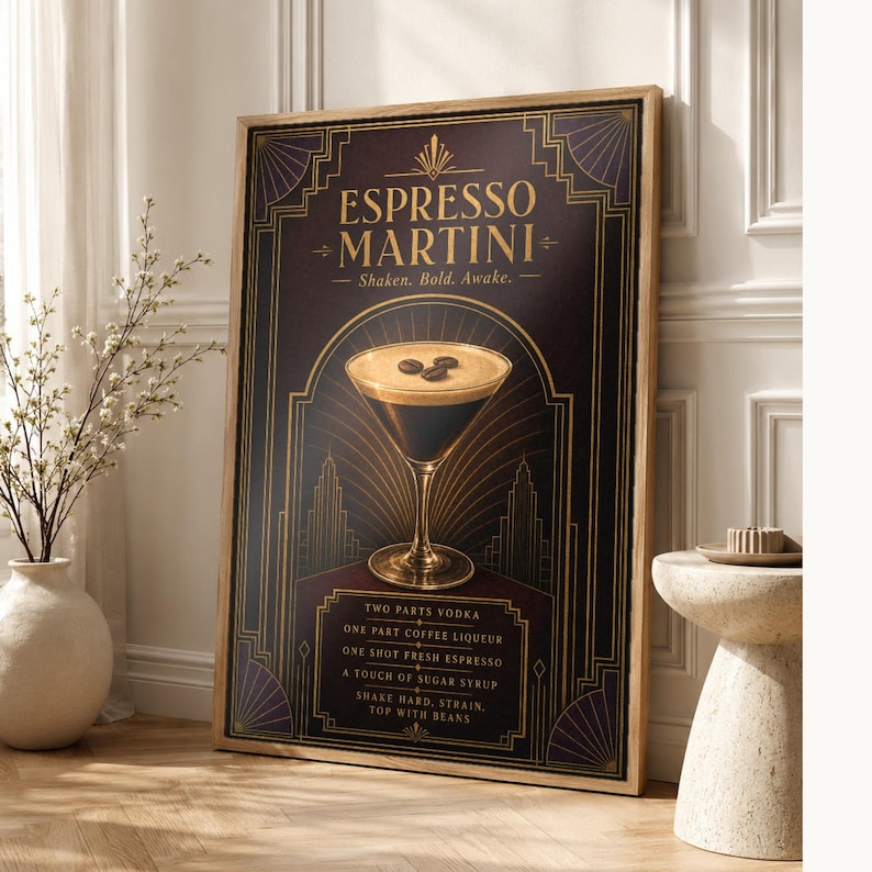 Dark Art Deco Espresso Martini Recipe Wall Art Print | Gold Cocktail Recipe Poster | Bar Cart Decor Print | Kitchen Wall Art image 1