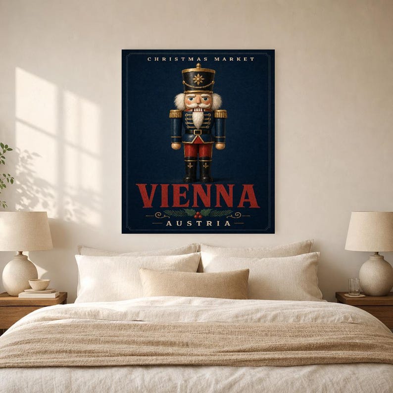 Wiener Weihnachtsmarkt Nussknacker Wandkunst | Österreich Urlaubsposter | Vintage Weihnachtsdruck | Festliches Soldatendekor Bild 6