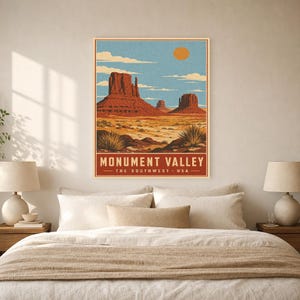 Monument Valley Reiseposter | Vintage Wüstenwandkunst | Südwesten der USA Druck | Dekor im Nationalpark-Stil | Rote Felskunst Bild 6